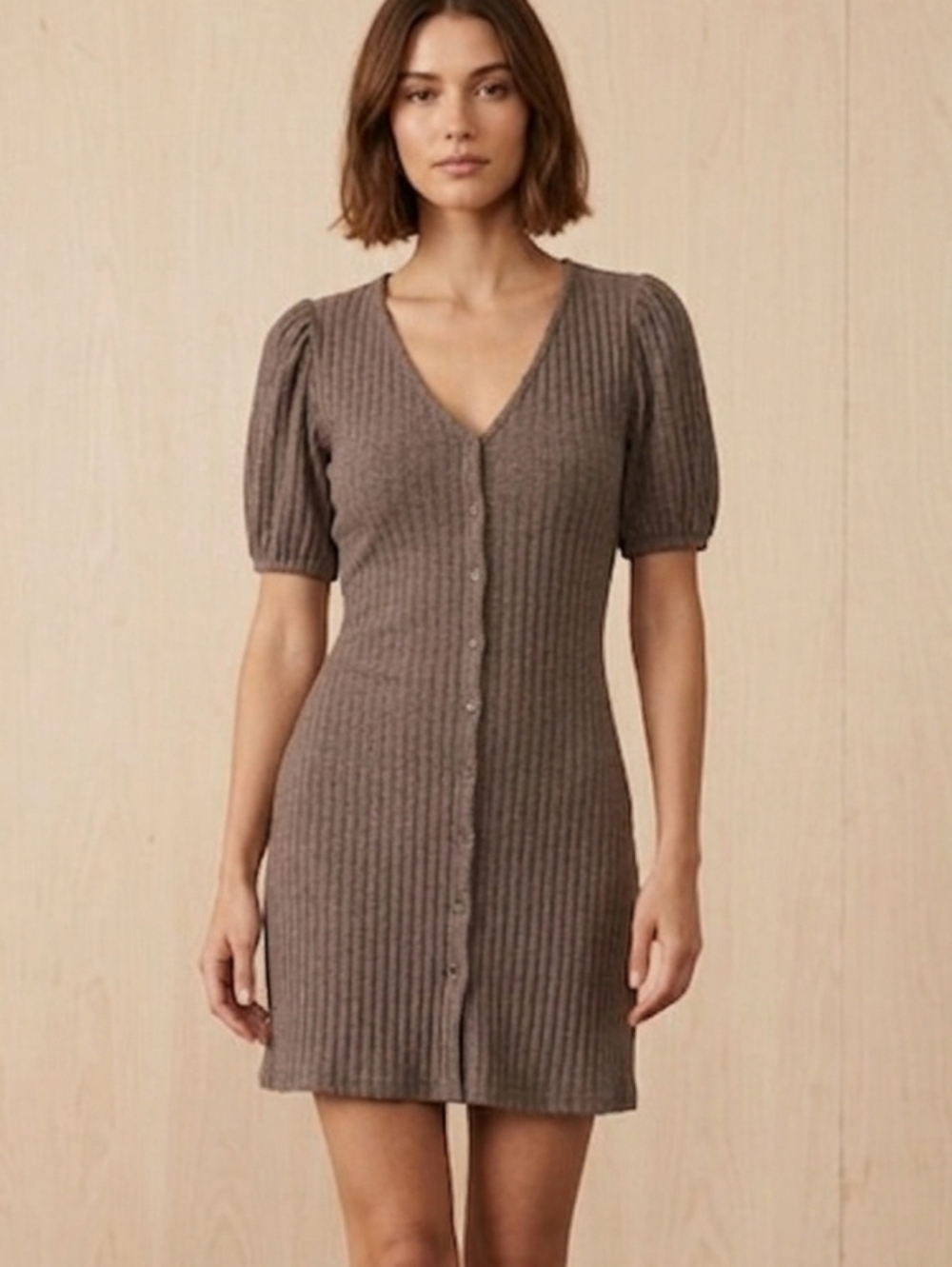 Elegant Brown Ribbed Dress